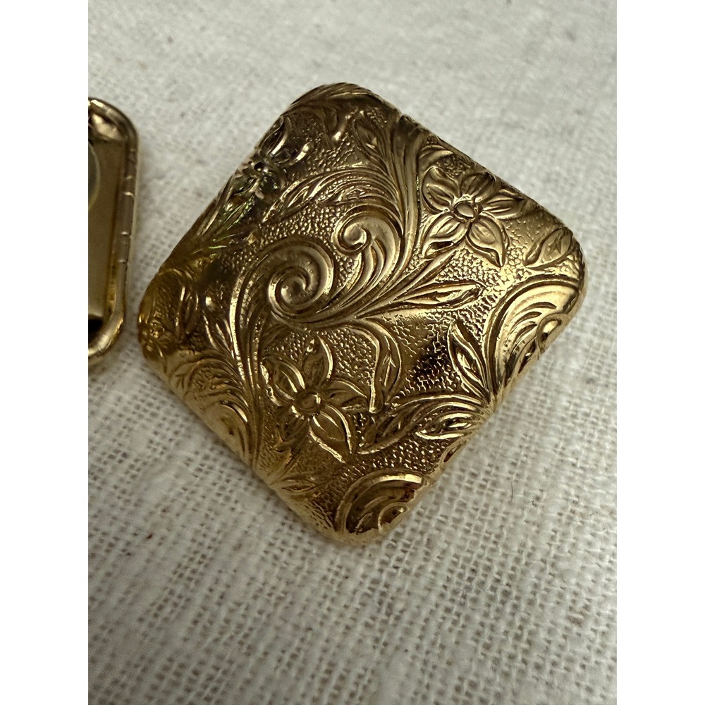 Gold Tone Floral Scroll Square Stud Earrings Embossed Statement